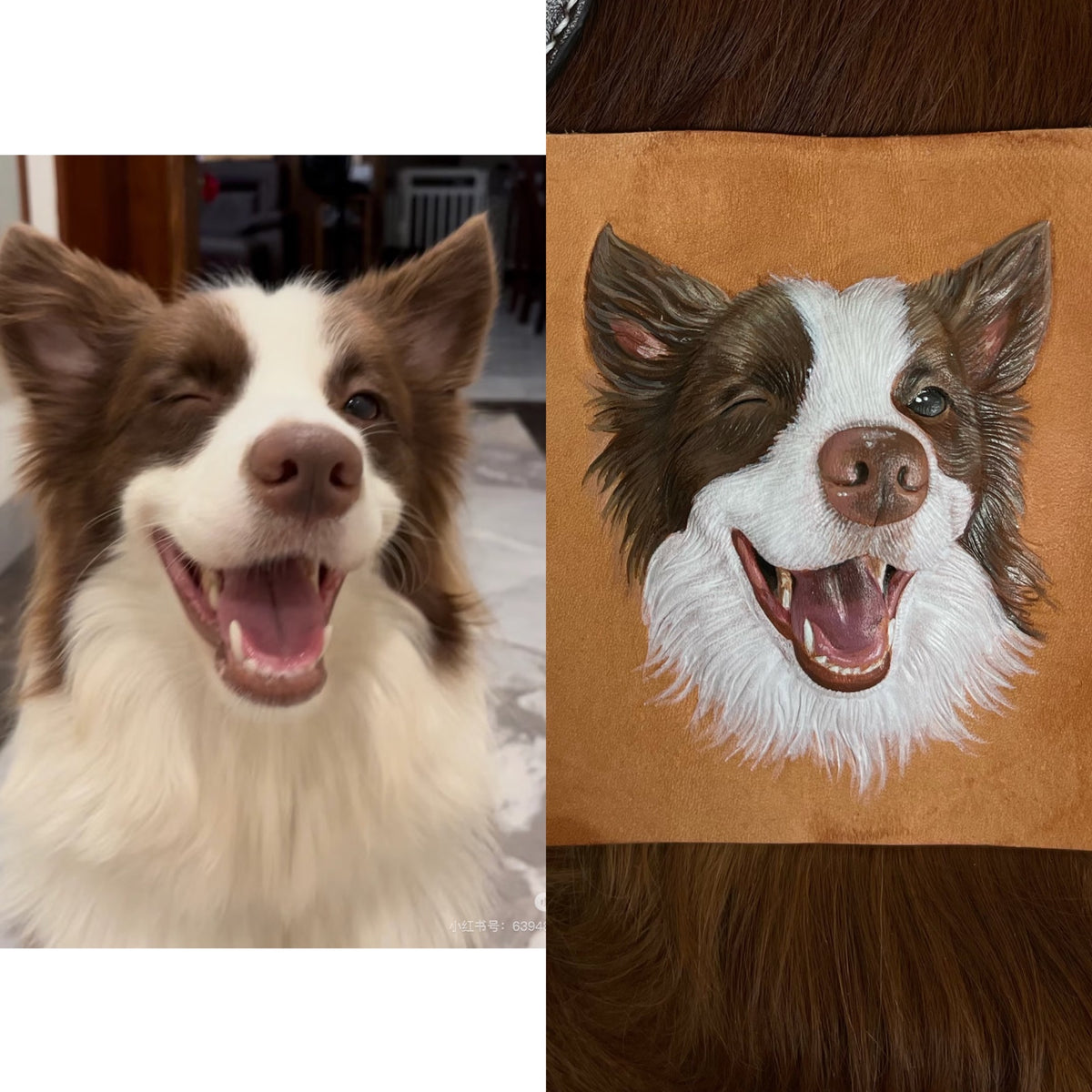 A customer's photo of a border collie beside the hand-painted leather portrait